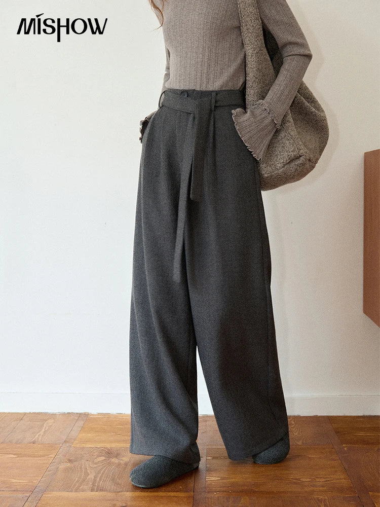 MISHOW Women's Winter Pants 2025 Retro Gray Wide-leg Pants Loose Warm Comfortable Commute Slim Trousers Woman Clothes MXE89K1099