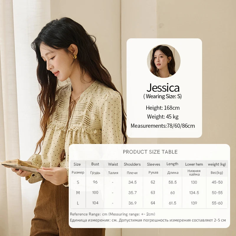 MISHOW Women's Polka Dot Ruffled Shirt 2025 Autumn Vintage Tie Tassel Round Neck Long-Sleeve Top Loose Casual Blouse MXE45X2477