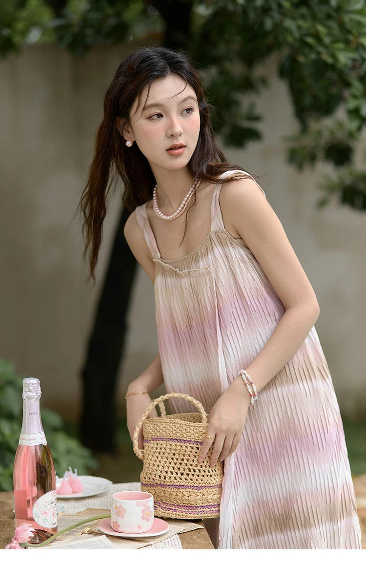 MISHOW Pink Striped Suspender Dress for Women 2025 Summer Sleeveless Irregular Front Dress Wave Mid Length Dresses MXD29L1930