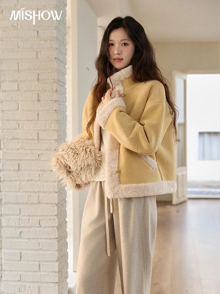 MISHOW  Woman Yellow Jackets 2025 Winter Suede Fur Collar Short Coat Luxury Comfortable Single-breasted Commuter Coat MXE89W0897