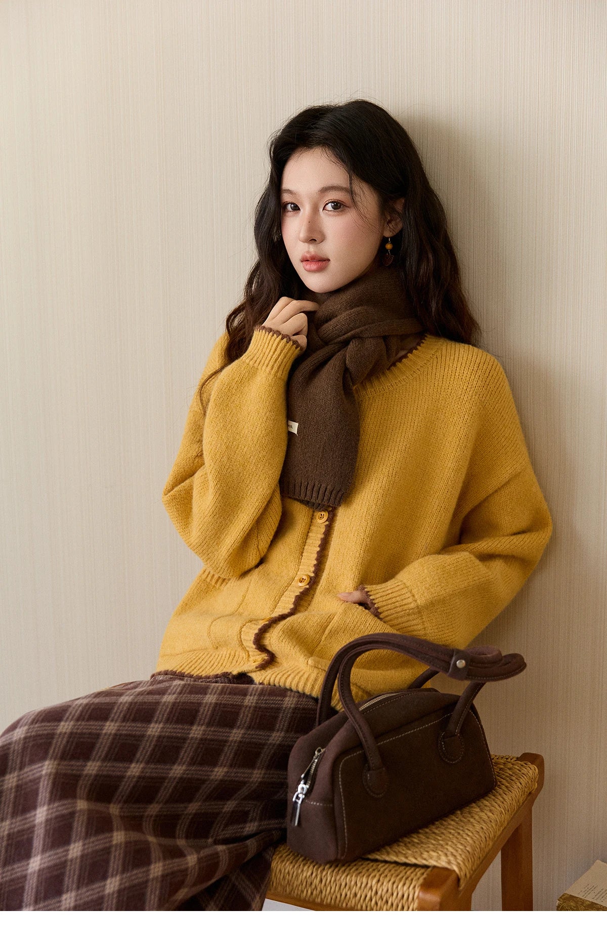 MISHOW Women's Yellow Knitted Cardigan 2025 Autumn Winter Color Collision Edge Sweater Pockets Loose Warm Casual Tops MXE94Z2973