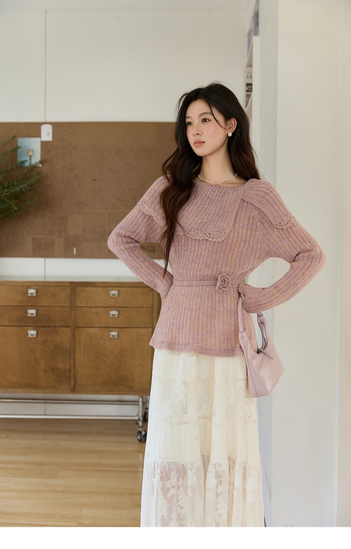 MISHOW Women's Pink Ribbed Knitted Sweater 2026 Spring Large Collar Lace Trim Belted Waist Long Sleeve Pullover Tops MXF11Z2901