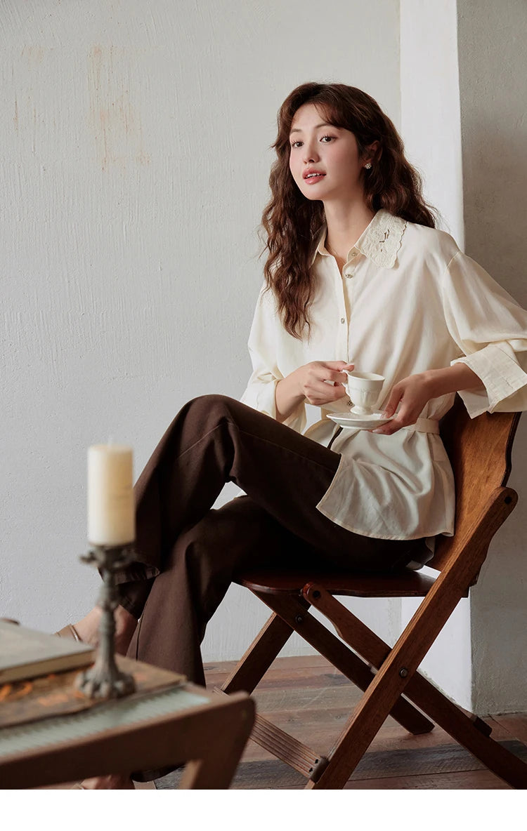 MISHOW Women's Casual Loose Shirt 2023 Autumn Turn-down Collar Embroidery Hollowed Out Single Breasted Mid Length Top MXC41C0077