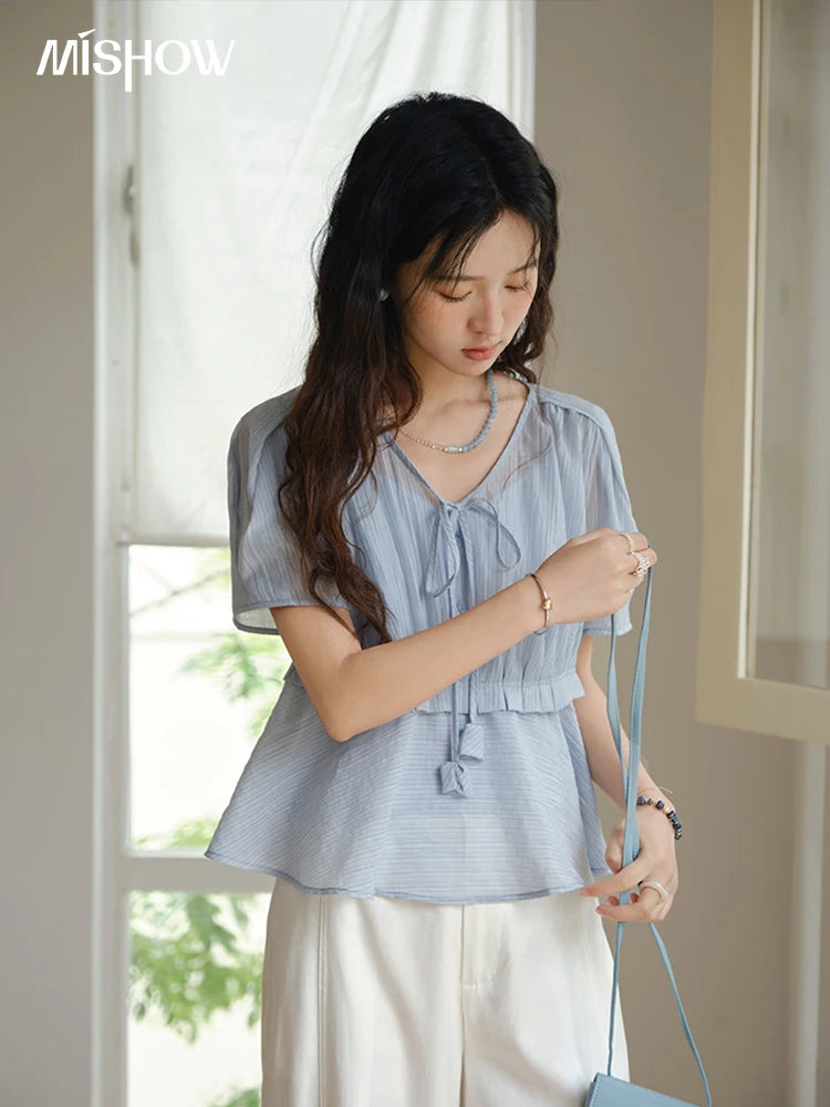 MISHOW Women's Fashion V-neck Blouse Summer 2025 New Splicing Button Commut Ladies Lace Up Casual Short Sleeve Top MXE34X1821