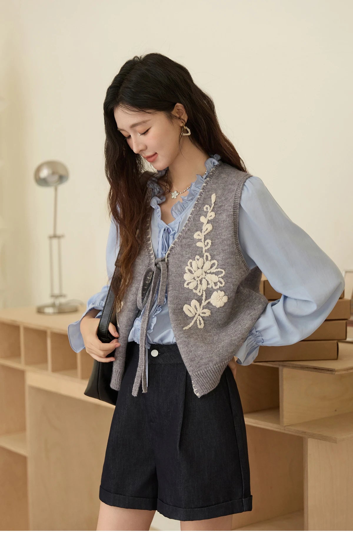 MISHOW 100% Lyocell Women's Blue Shirt 2025 Autumn French Ruffles Long Sleeves Ties Blouse Office Lady Elegant Top MXE45X2484