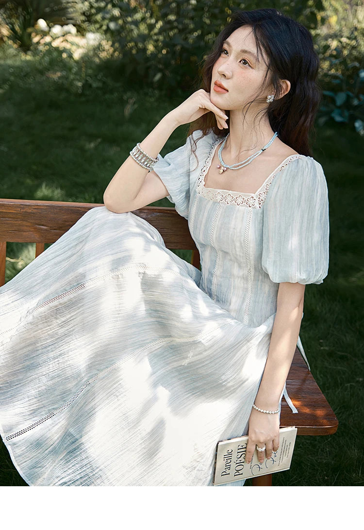 MISHOW Women's Summer Dress 2025 New Fashion Striped Square Neck Spliced Lace Hollow Out Dress Waist Lace Up Dresses MXE39L2403