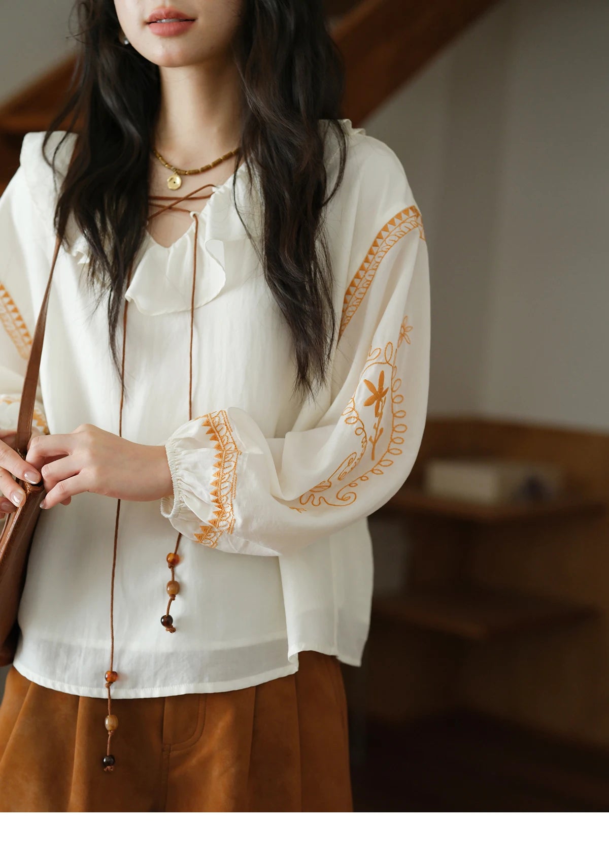 MISHOW Cashew Flower Embroidered Blouse Autumn 2025 Ruffle V-neck Lace Up Tops 100 Lyocell Lantern Sleeves Blouses MXE43X1987