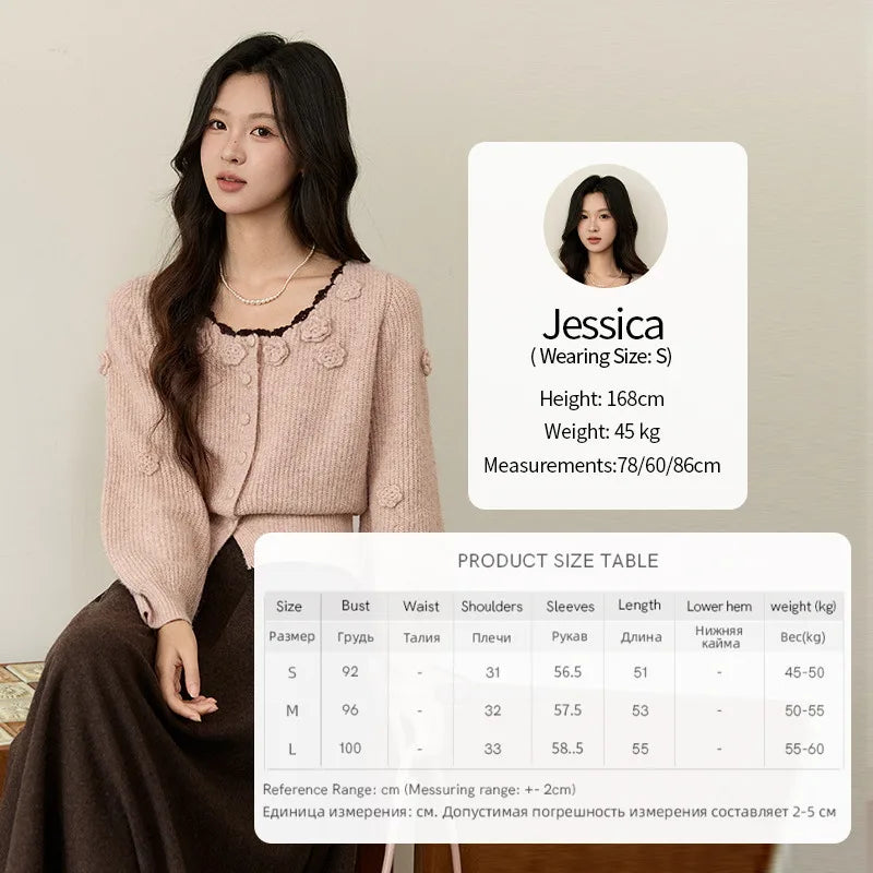 MISHOW Women's Pink Knitted Cardigan 2025 Autumn Winter Flower Decor Lace Trim Button Cardigan Slim Warm Pullover Top MXE94Z2862