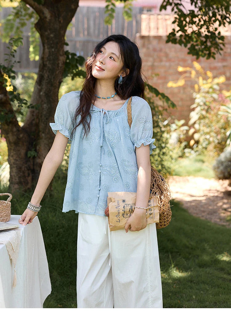 MISHOW Embroidery Flower Shirt for Women 2025 Summer New Fashion Loose Puff Sleeve Round Neck Top Female Clothing MXE39X1922