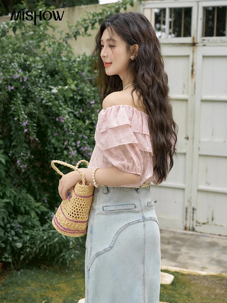 MISHOW French Retro Floral Short Sleeve Blouses Summer 2025 Loose One Line Shoulder Ruffled Edge Lace Up Sweet Top MXD25X1520