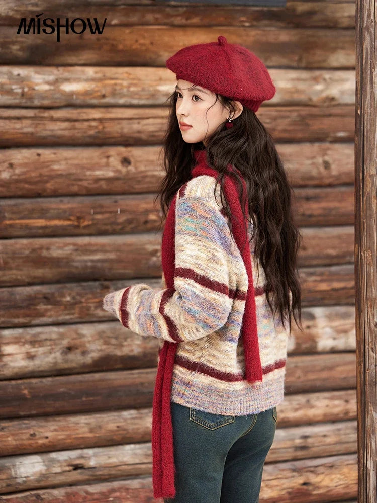 MISHOW Striped Sweaters Short Contrast Color Loose Casual O-Neck Single Breasted Tops Soft Warm Knitted Cardigans MXD59Z1061