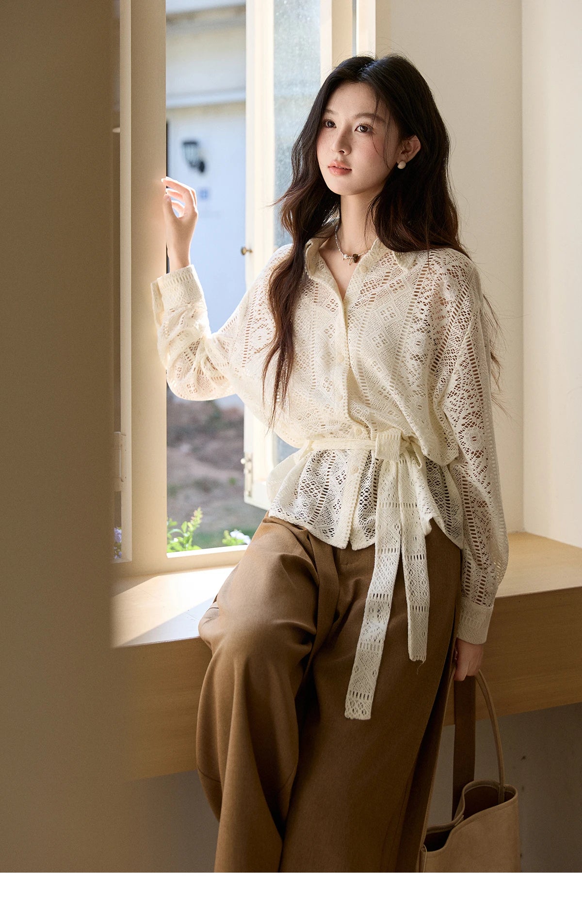 MISHOW Women's Hollow-out Lace Shirt Camisole Set 2026 Spring Lapel Drawstring Waist Sheer Casual Two-Piece Knitwear MXF108C0816