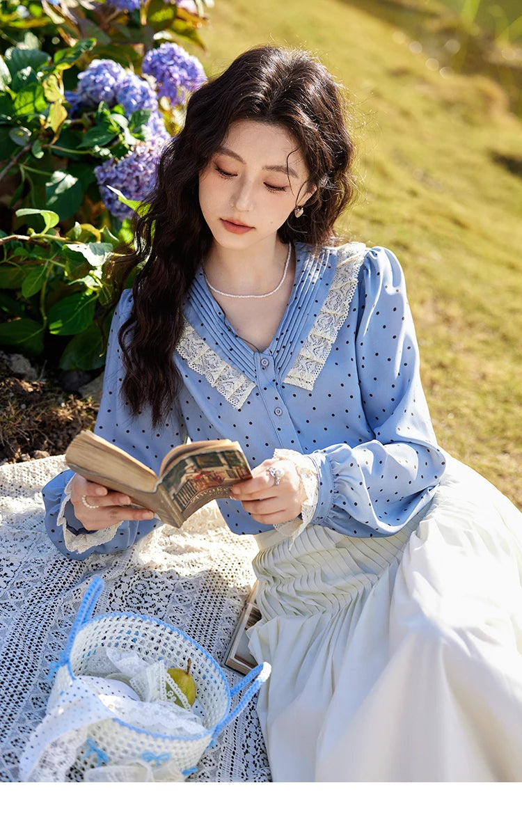 MISHOW Lace Patchwork Polka Dot Shirt for Women Spring 2025 French V-neck Shirt Cuff Splic with Hollowed Out Lace Top MXE12X1707