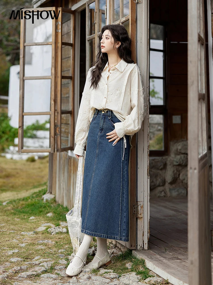 MISHOW 100Cotton Embroidered Jacquard Shirt for Women Spring 2025 Long Sleeved Loose Top Lapel Single Breasted Shirts MXE12C0391