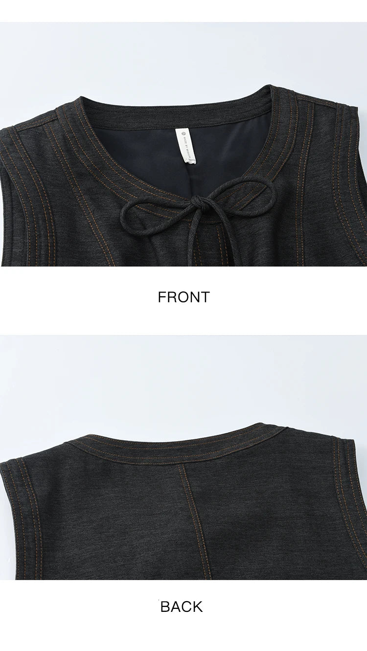 MISHOW Deep Blue Imitation Denim Vest Coat 2025 Autumn Round Neck Lace-up Coat Contrasting Button Single Breasted Top MXE41W0797