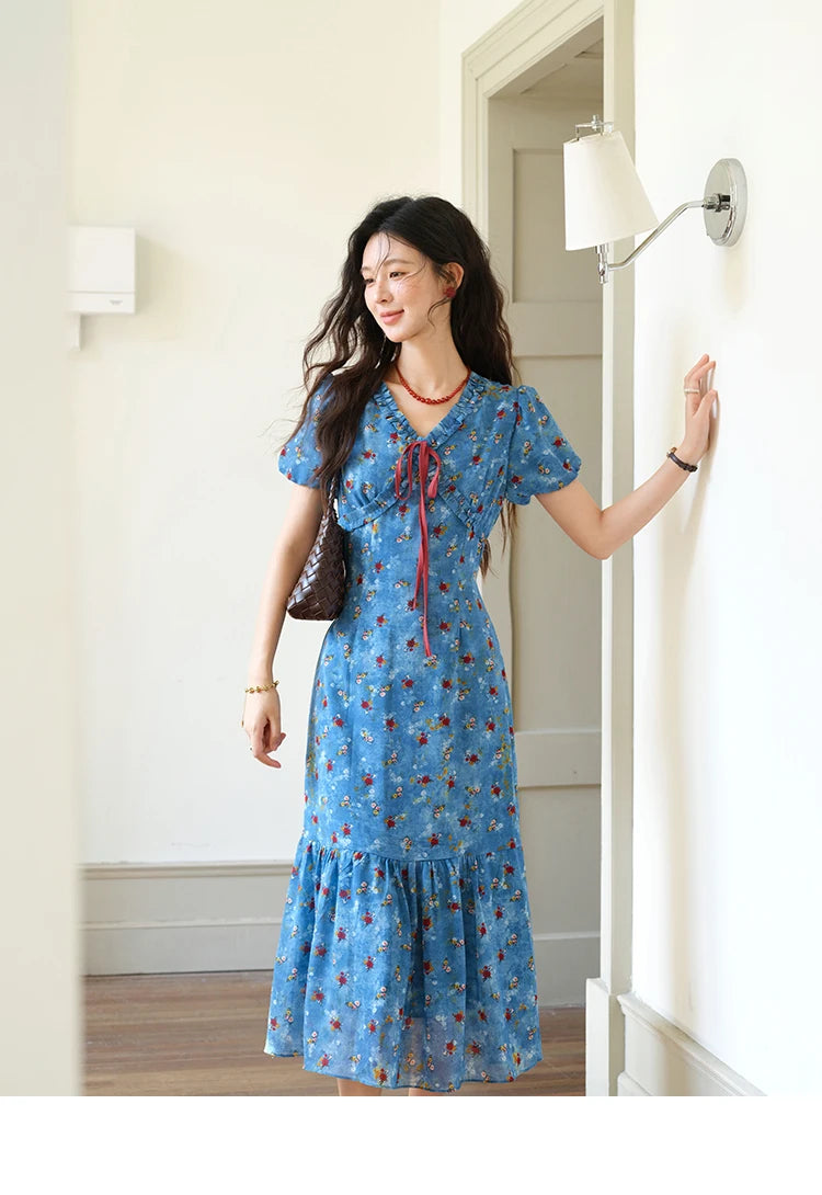 MISHOW Women's V-neck Lace Up Dress 2025 Summer New Female Fashion Puff Sleeve Chiffon Print Dresses Ladies Clothing MXE39L2401