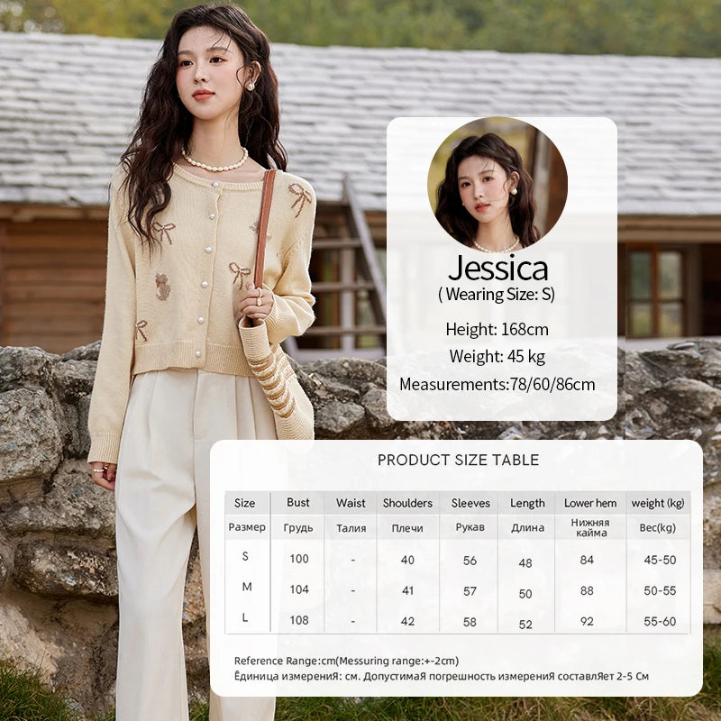 MISHOW Dog Bow Jacquard Knitted Sweater 2025 Spring Yellow Single Row Pearl Button Top Round Neck Elegant Sweaters MXE13Z1197