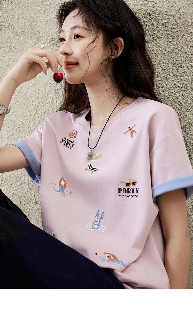 MISHOW Embroidered Casual T-shirt for Women Summer 2025 Short Sleeve Round Neck Shirts Female New Fashion Tops Lady MXE16T0506