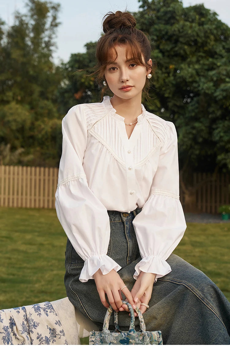 MISHOW French Organ Pleated V-neck Shirt 2025 Autumn Petal Patchwork Ruffle Sleeve Solid Pearl Single Breasted Tops MXD13X1354