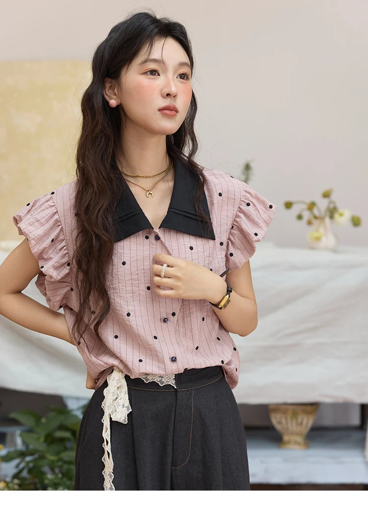 MISHOW Summer Office Lady Blouses Women 2025 Short Sleeve Turn-down Collar Polka Dot Shirts Female Fashion Slim Tops MXE31C0776