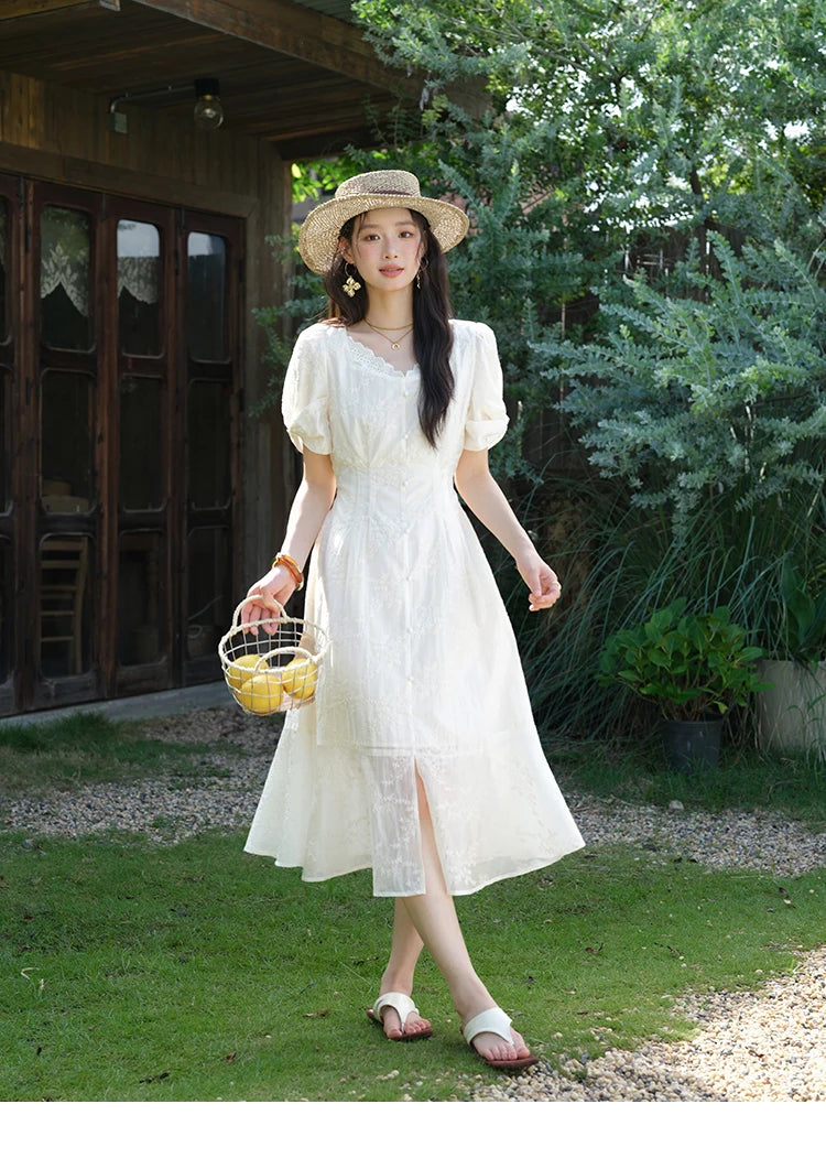 Mishow V-Neck Lace Embroidery Puff Sleeve Dress MXE39L2432