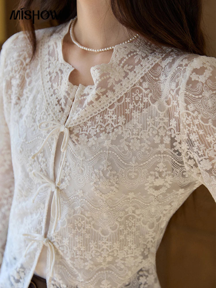 MISHOW Women's Sweet Lace Top Camisole Set Spring Tie Front Flare Sleeve Sheer Casual Elegant Two-Piece Knitwear MXF108X1001