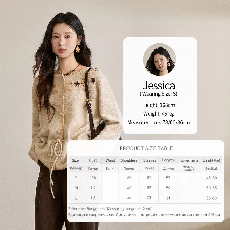 MISHOW Women's Apricot Hand-Embroidered Cardigan 2025 Winter Wool Blend Sweater Waist Tie Crochet Thick Warm Knitwear MXE87Z2702