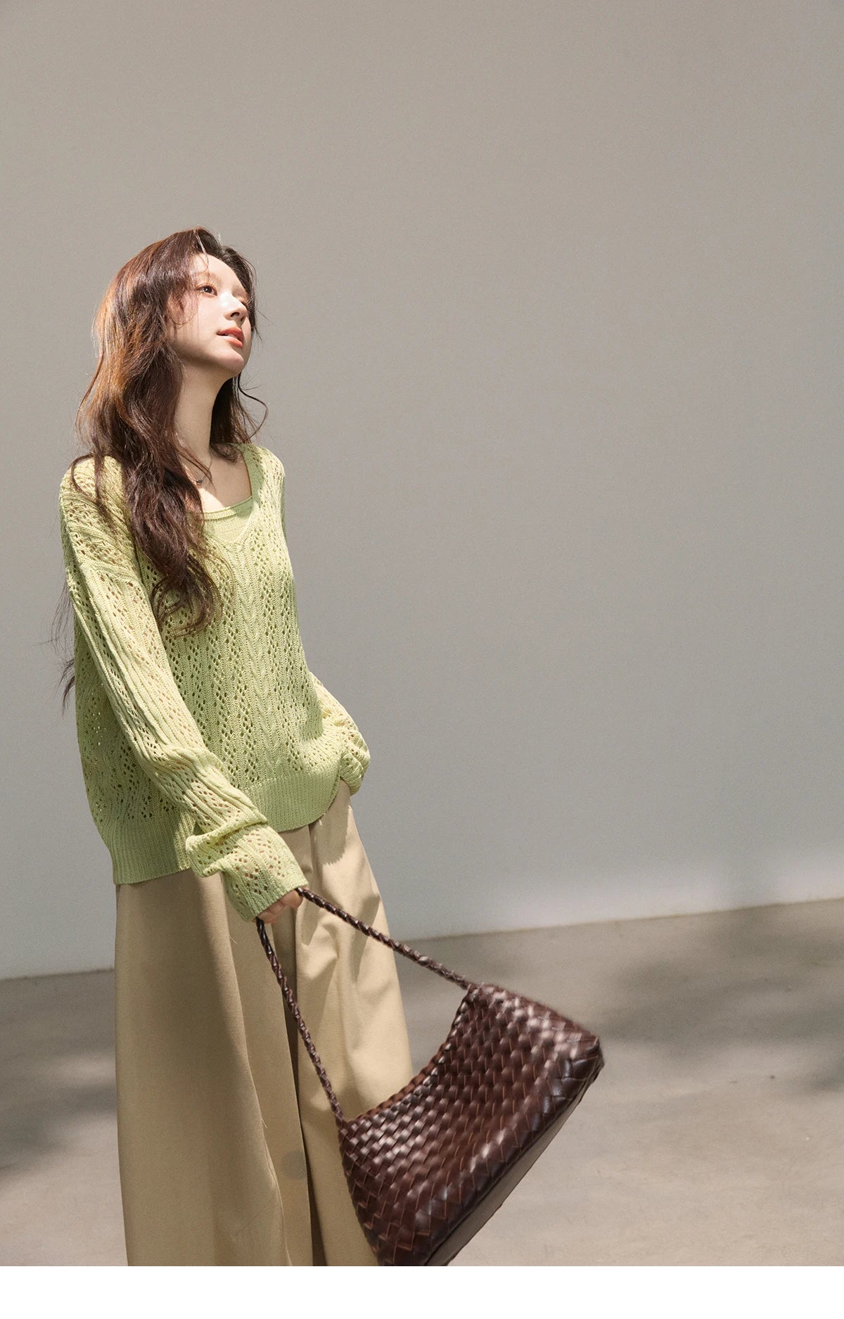 MISHOW Women's Hollow Out Cable Knit Tops with Camisole Two Piece Set Spring Loose Casual Breathable Green Sweater MXF16T1524