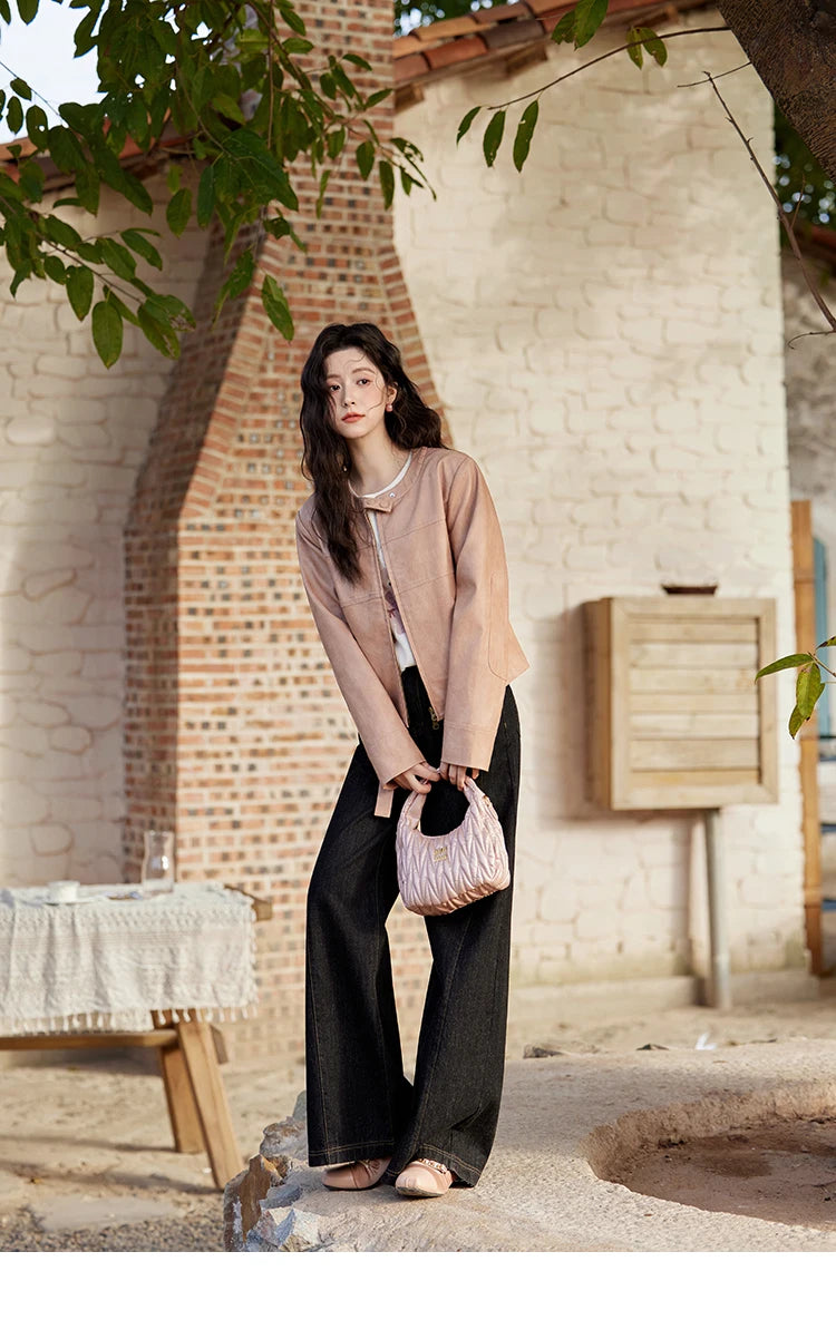 MISHOW Fashion Pink Leather Jacket Women's Spring 2025 New Shoulder Long Sleeved Slim Fit Leisure Tops Coat Female MXE11W0714