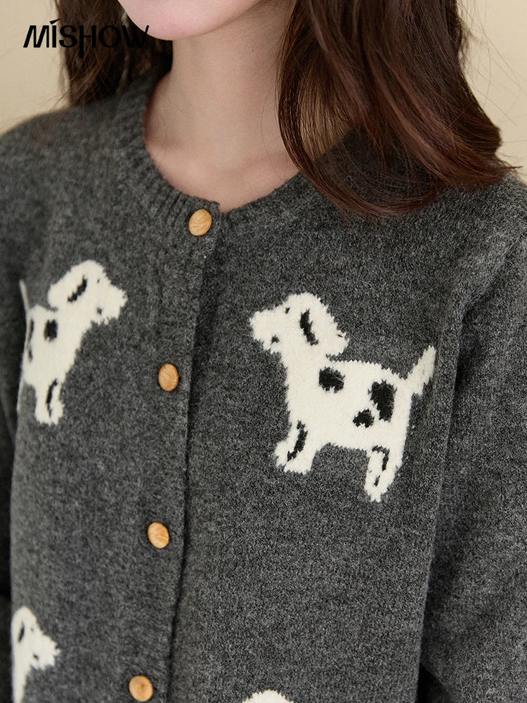 MISHOW Women's Puppy Jacquard Knit Cardigan 2025 Winter Single-breasted Crew Neck Top Warm Loose Sweaters Office Lady MXE93Z2950