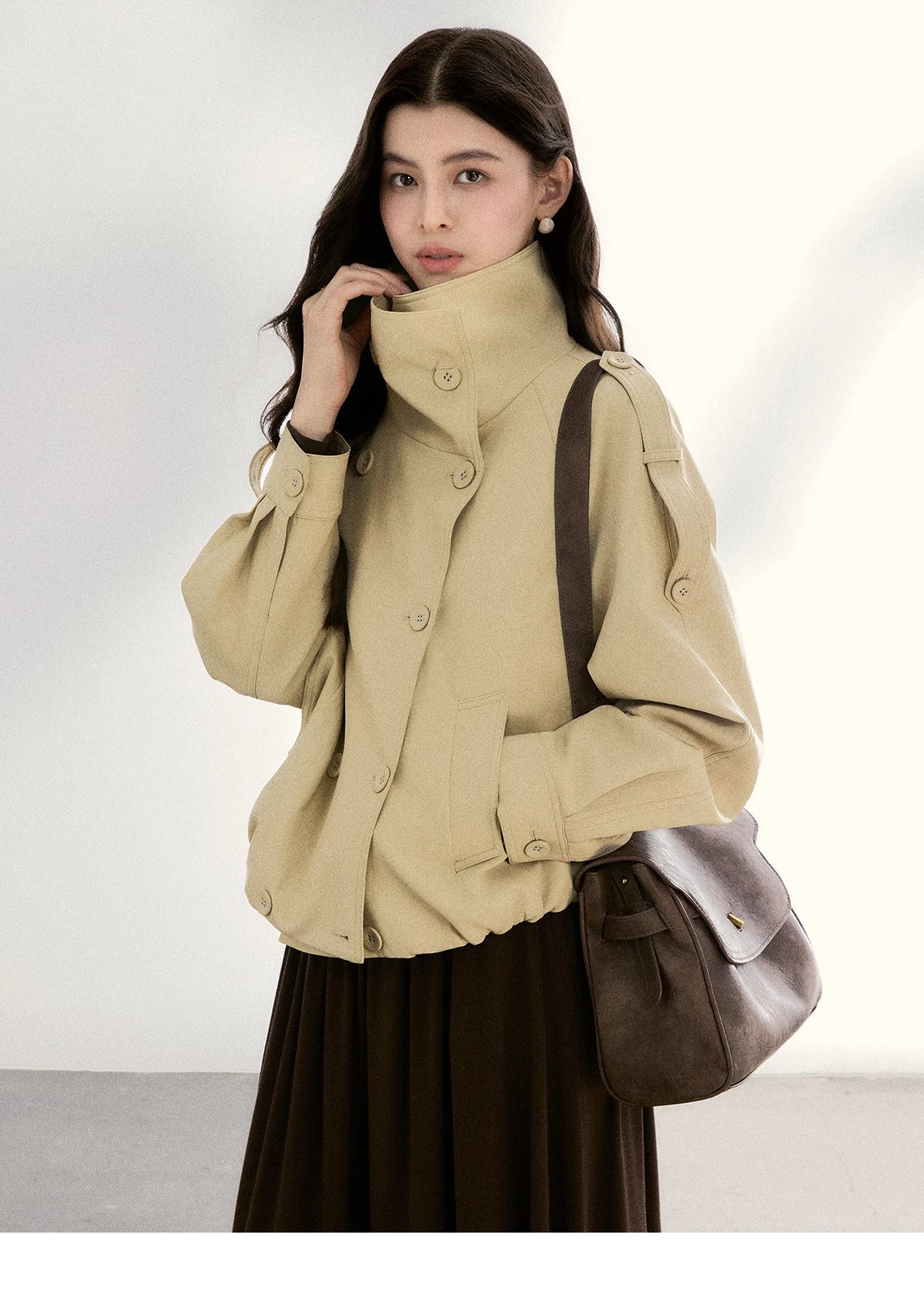 MISHOW Women's Khaki Cropped Short Leather Jacket 2026 Spring Lapel Stand Collar Double Breasted Casual Loose Coat MXF108W1000