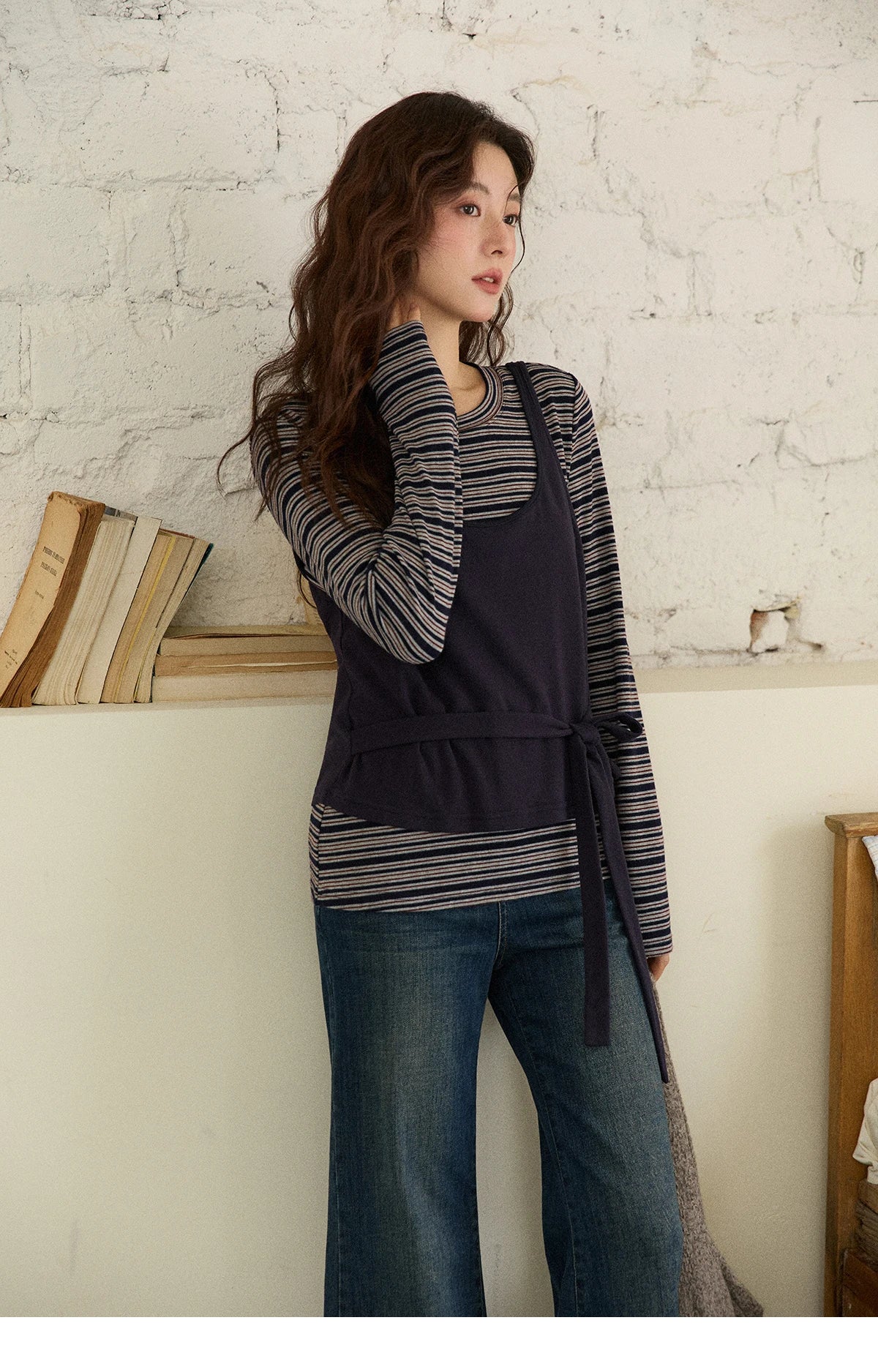 MISHOW Women's Two-Piece Set, 2025 Winter New Retro Casual Round Neck Long Sleeve Striped Top with Tie-Waist Camisole MXE87T1430