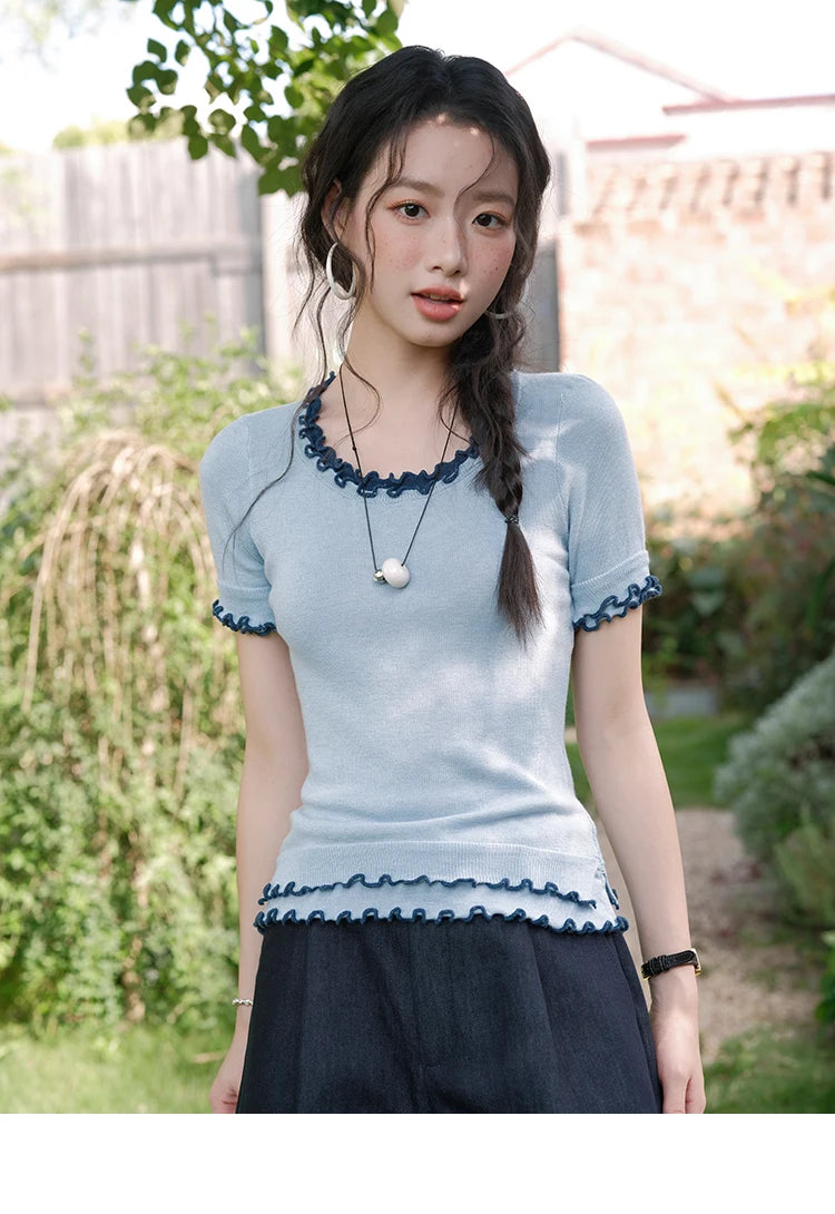 MISHOW Women's Round Neck Knit T-shirt Summer 2025 Fashion Ear Edge Short Top Casual Short Sleeve Tee Female Clothing MXE32Z1233