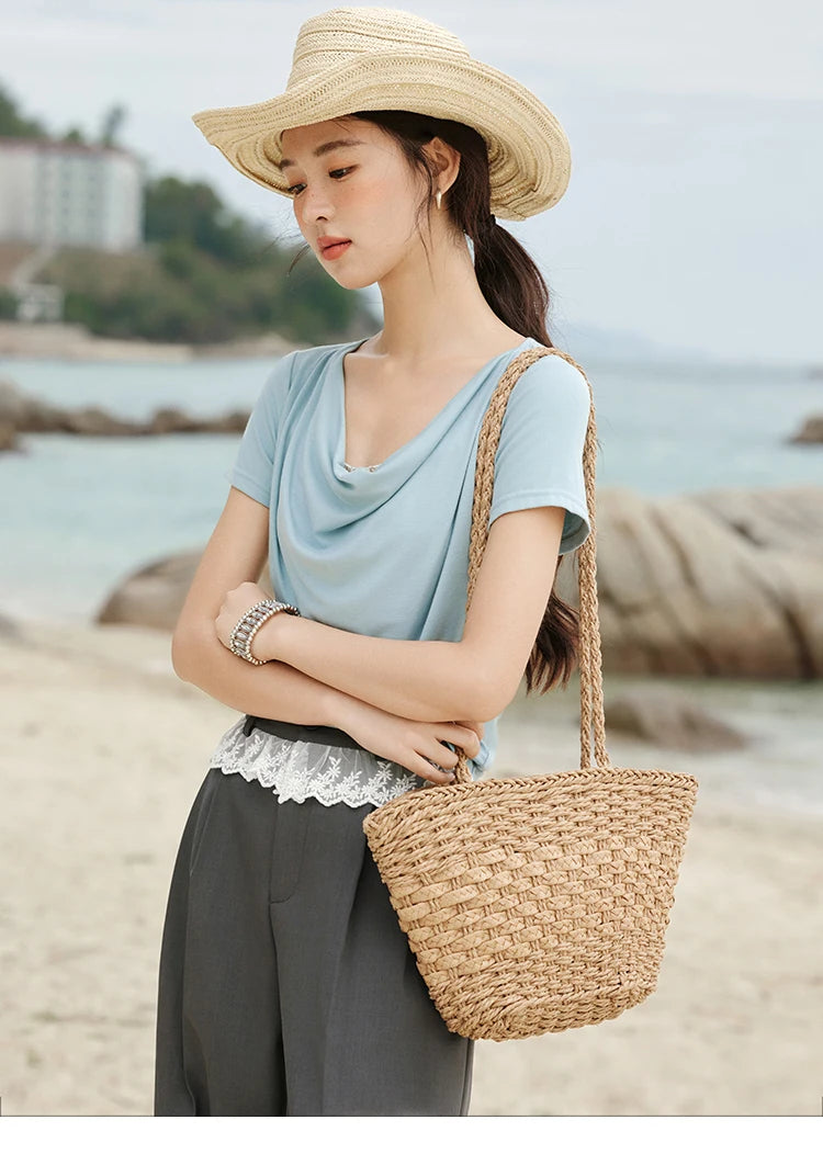 MISHOW Casual Summer Shirts Women 2025 Fashion Short Sleeve Swing Collar Solid T-shirt Female Slim Shell Ribbon Tops MXE33T0524