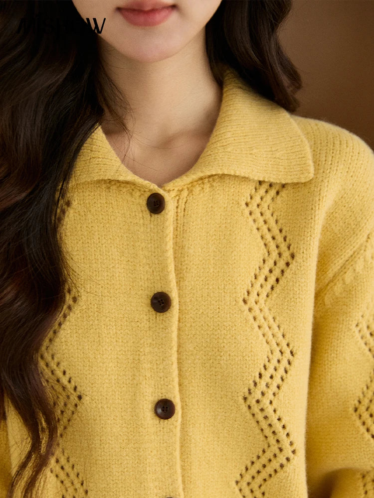 MISHOW Women's Hollow Pattern Knitted Cardigan 2025 Winter Yellow Lapel Single Breasted Sweater Loose Pullover Tops MXE94Z2961