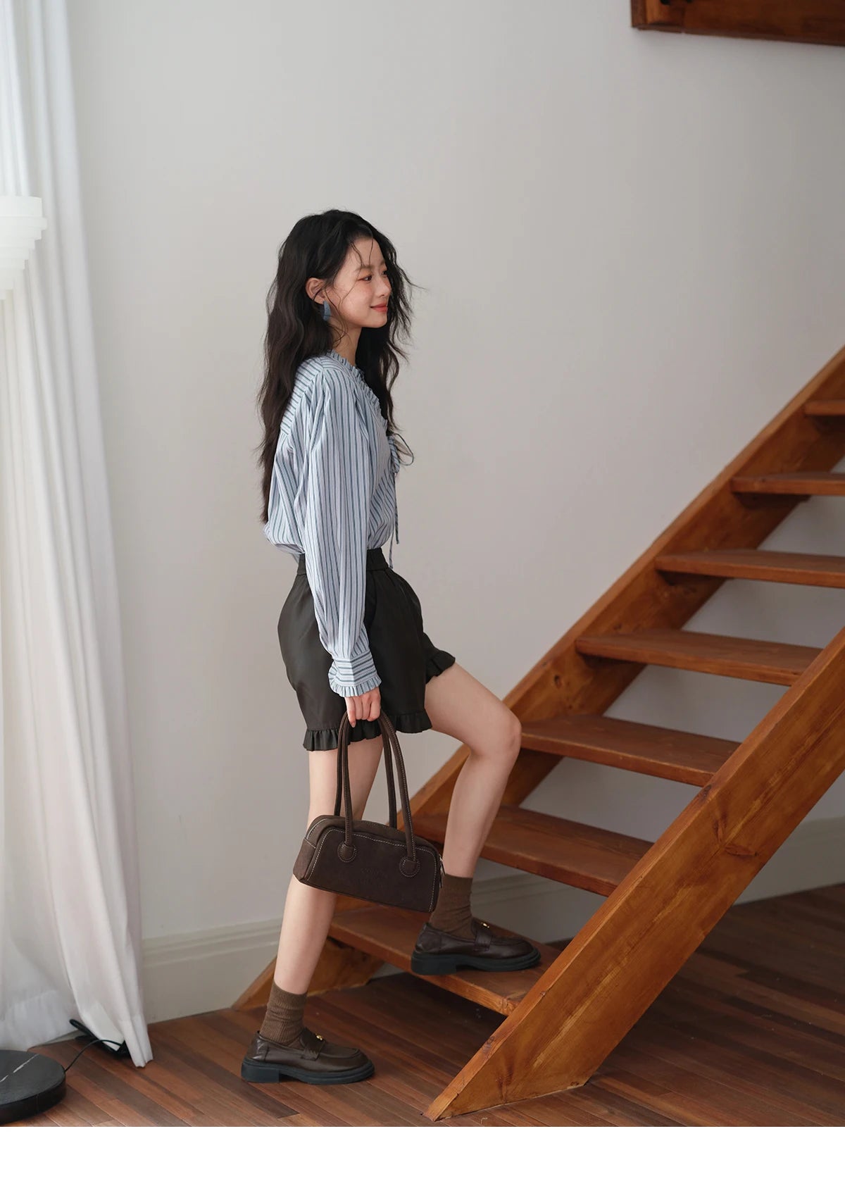 MISHOW Blue Striped Peach Skin Velvet V-neck Shirts for Women Autumn 2025 Asymmetrical Lace-up Commuting Casual Shirt MXE42X2472