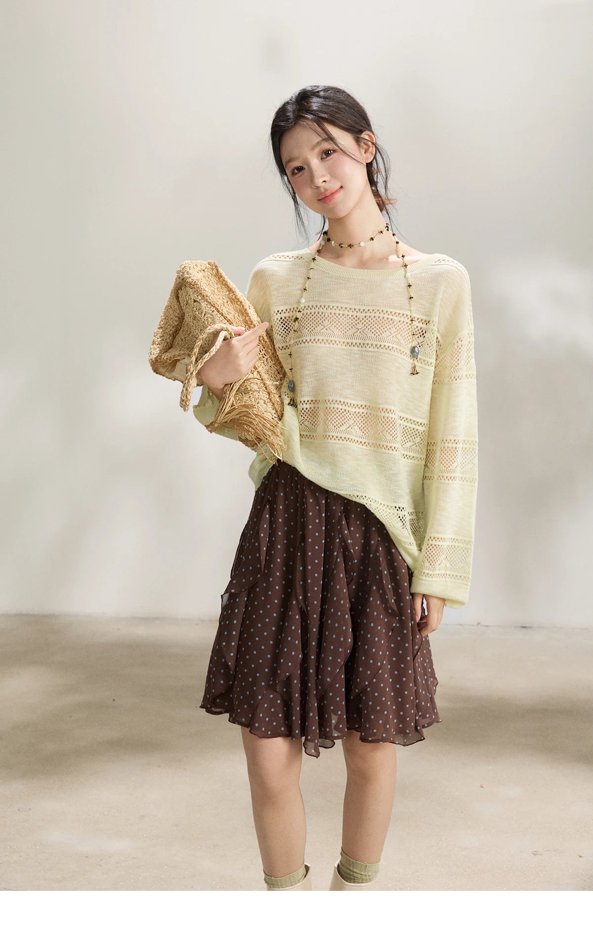 MISHOW Women's Pale Yellow Knit Top 2026 Spring Crew Neck Hollow Out Striped thin tops Casual Loose Sheer Sweater MXF13Z3020