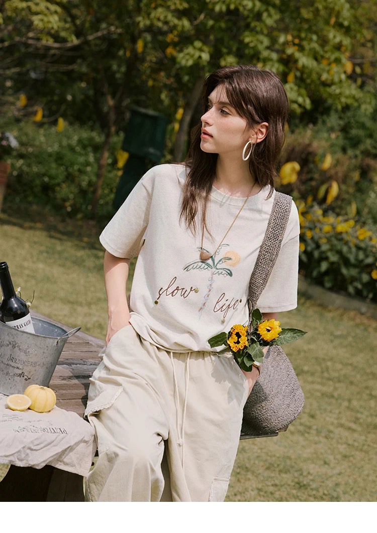 MISHOW Casual Summer Print Shirts Women 2025 Short Sleeve Round Neck Coconut Tree Straight T-shirts Woman Versatile MXE31T0520