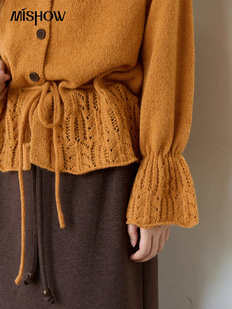 MISHOW Orange Cardigan Women 2025 Winter Retro Openwork Crochet Pattern Knit Top Loose Warm Flared Sleeves Sweater MXE87Z2685