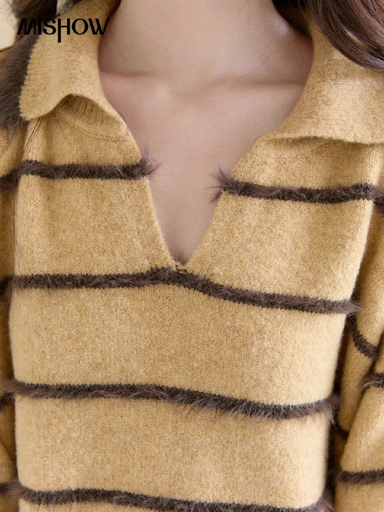 MISHOW Women's Faux Mink Fur Striped Sweater 2025 Winter Loose Lapel Tassel Hem Thickened Knitwwear Excluding Scarves MXE93Z2945