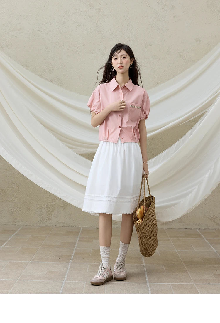 MISHOW Casual Summer Blouses Women 2025 New Short Puff Sleeve Turn Down Collar Shirt Female Fashion Shell Ribbon Tops MXE33C0773