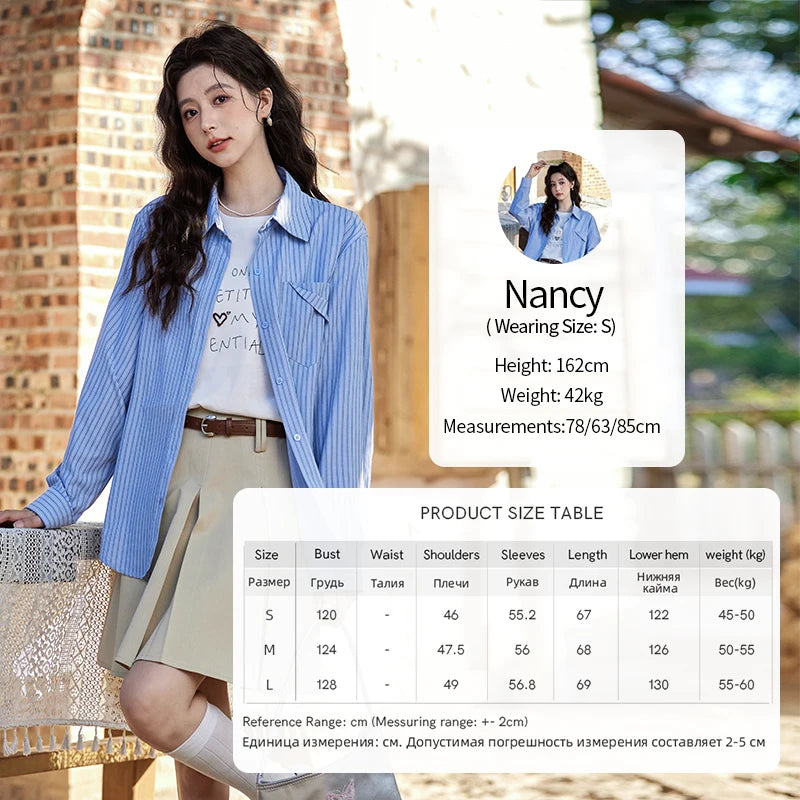 MISHOW Blue Striped Shirt for Women 2025 Spring Versatile Office Lady Tops Pocket Turn-down Collar Long-Sleeve Shirts MXE11C0399