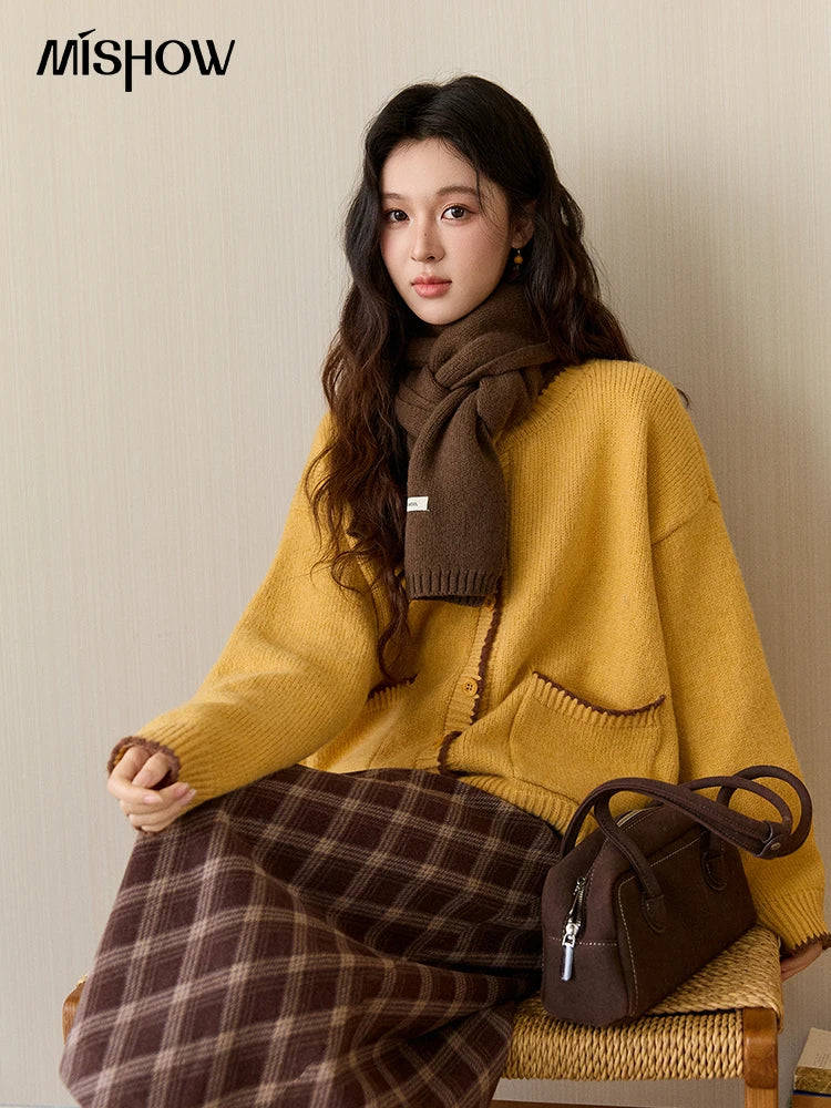 MISHOW Women's Yellow Knitted Cardigan 2025 Autumn Winter Color Collision Edge Sweater Pockets Loose Warm Casual Tops MXE94Z2973
