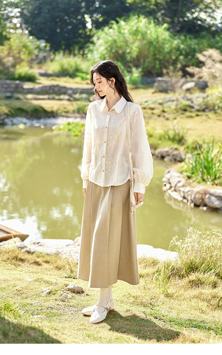 MISHOW 100Cotton Embroidered Jacquard Shirt for Women Spring 2025 Long Sleeved Loose Top Lapel Single Breasted Shirts MXE12C0391