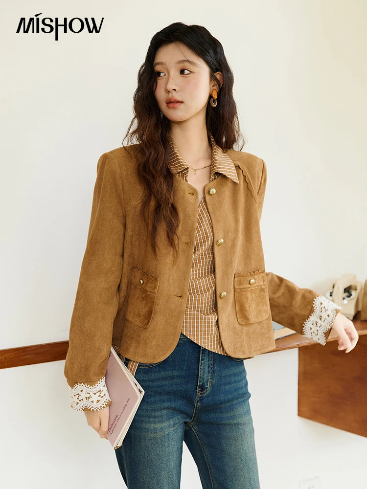 MISHOW Fragrant Suede Jacket for Women Autumn 2025 Cuffs Hollowed Out Lace Short Coats O-neck Metal Button Jackets MXE46W0839
