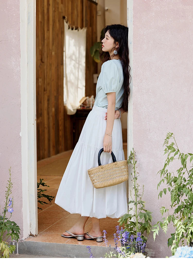 MISHOW Sea Salt White Double Layered Waist Skirt 2025 Summer Flower Bud Skirt Shell Button Versatile A-line Skirts MXE32B0715