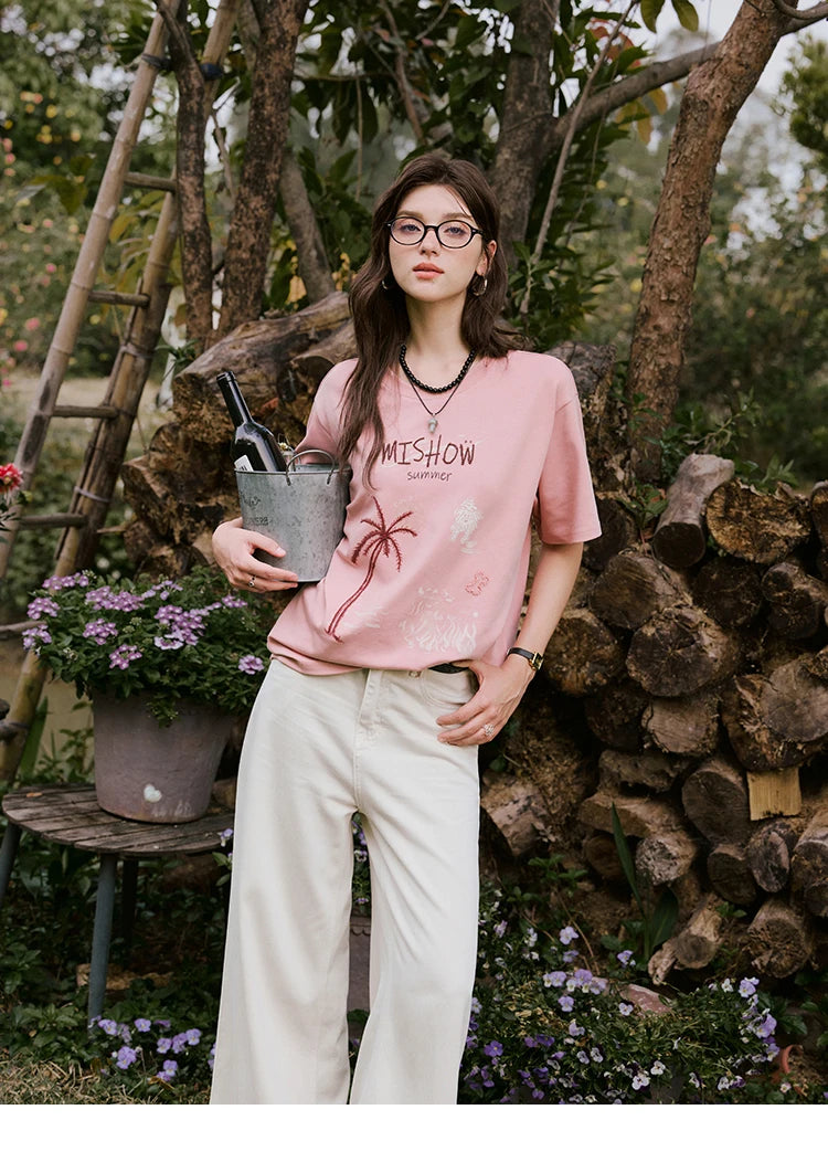 MISHOW Casual Print T-shirts Women 2025 Summer New Short Sleeve Round Neck Coconut Tree Pattern Shirt Woman Holiday MXE31T0516