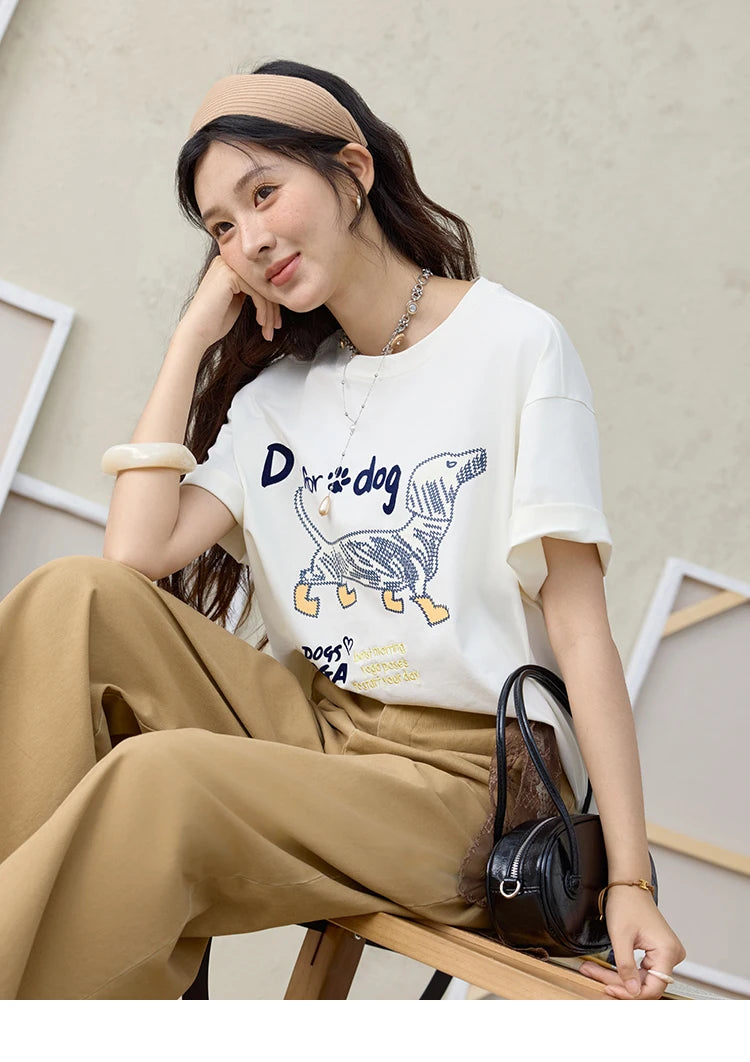 MISHOW Print Summer T-shirts Women 2025 Short Sleeve Round Neck Flocked Puppy Loose Shirt Female Casual Versatile Top MXE33T0542