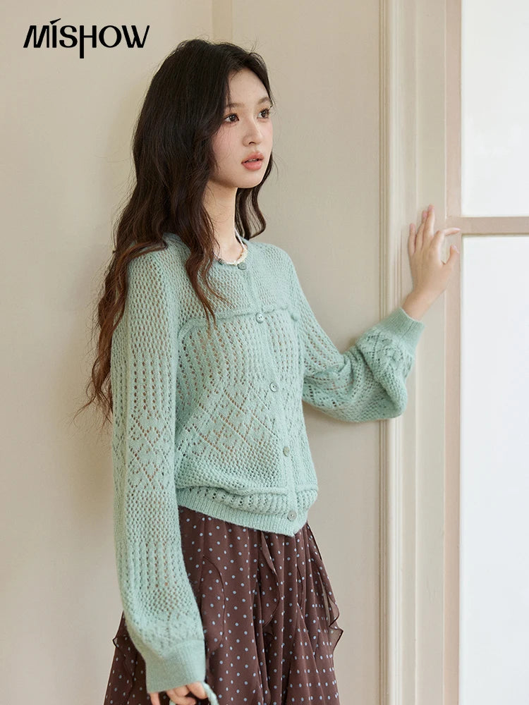 MISHOW Women's Mint Green Knitted Cardigan 2026 Spring Crew Neck Hollow Out Thin Tops Casual Loose Sheer Sweater MXF108Z1046