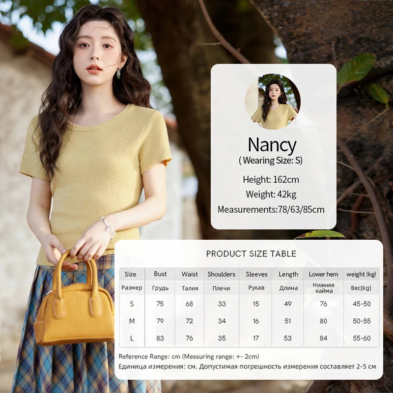 MISHOW Women's Short Sleeved Knitted T-shirt Spring 2025 Korean Minimalist Back Hollowed Out Pearl Buckle Design Tees MXE13Z1072